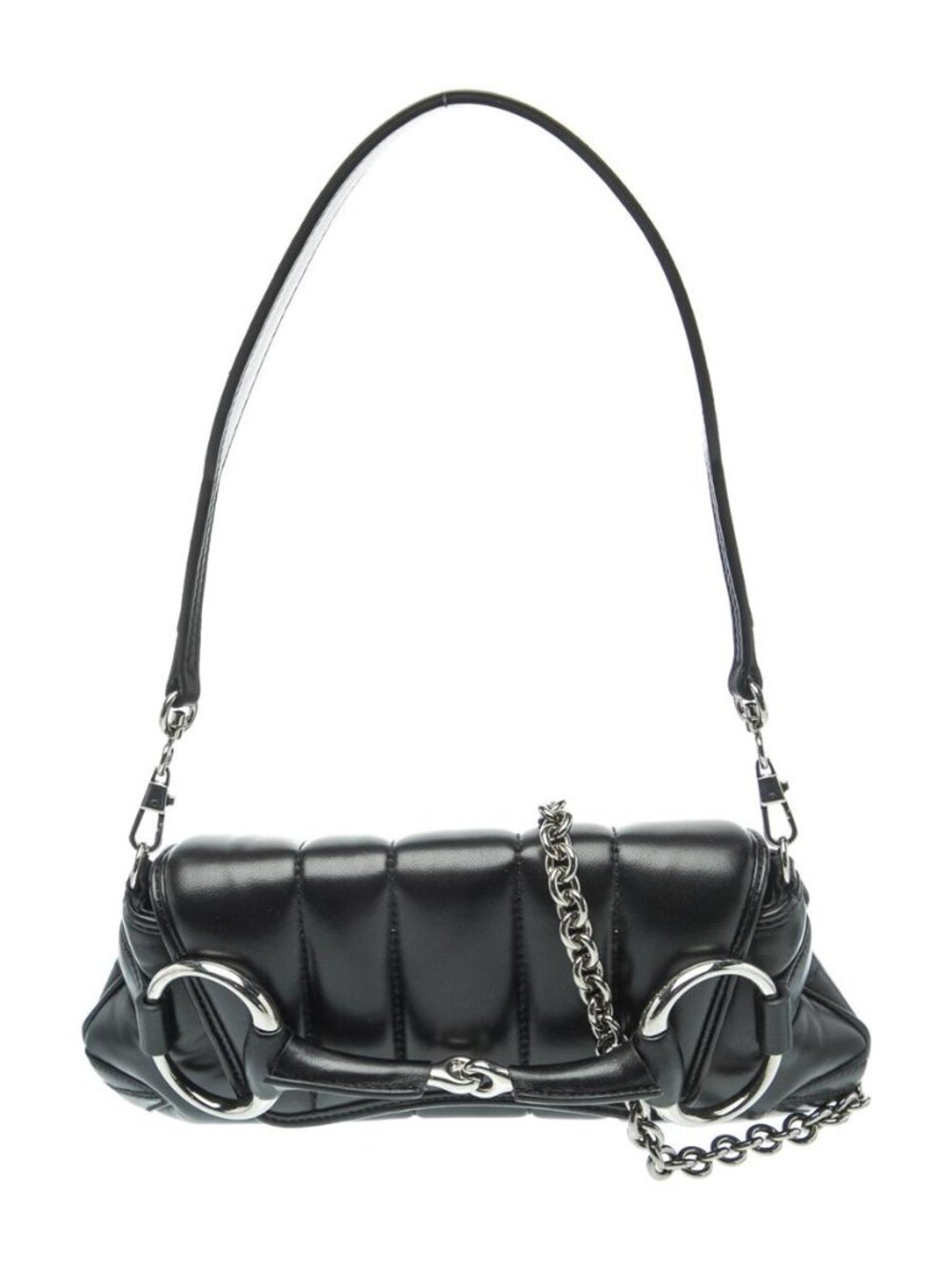 NWT - Gucci Horsebit Chain Medium Black Leather Shoulder Bag Silver Hardware